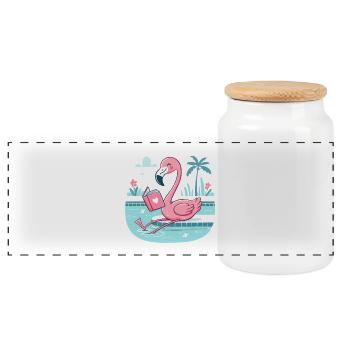 Flamingo am Pool – Buchzeit - Panorama Keksdose mit Holzdeckel - Weiß - Vorne