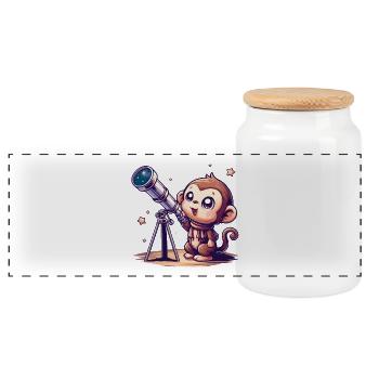 Starry Sky Monkey with Telescope - Panoramic Cookie Jar with Wooden Lid - white - Front