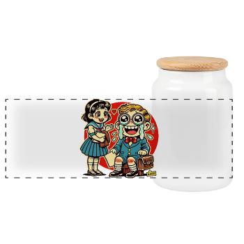 Retro Schulkinder mit Herz Hintergrund - Panorama Keksdose mit Holzdeckel - Weiß - Vorne