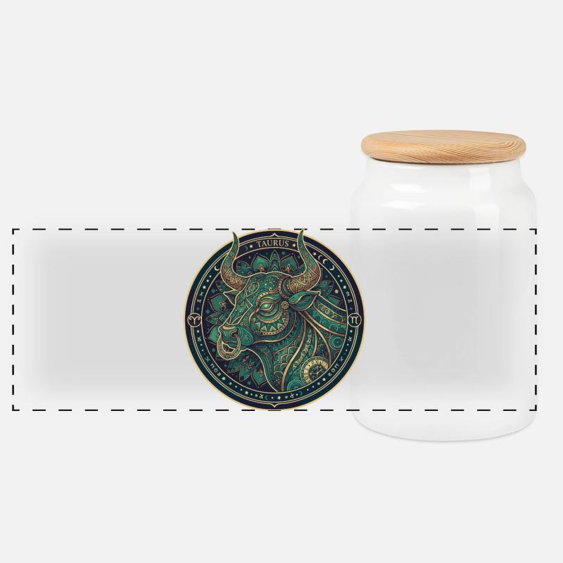 Stier Mandala Teal-Gold Kreis - Panorama Keksdose mit Holzdeckel - Weiß