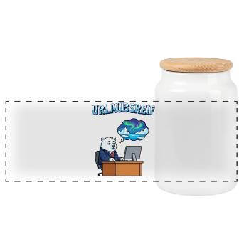Urlaubsreif Eisbär am Schreibtisch - Panorama Keksdose mit Holzdeckel - Weiß - Vorne