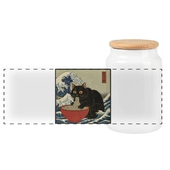 Japan Cat Ramen Noodles Retro Wave Pattern - Panoramic Cookie Jar with Wooden Lid - white - Front