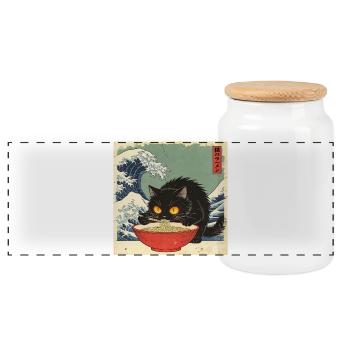 Japan Cat Ramen Noodles Retro Wave Pattern - Panoramic Cookie Jar with Wooden Lid - white - Front