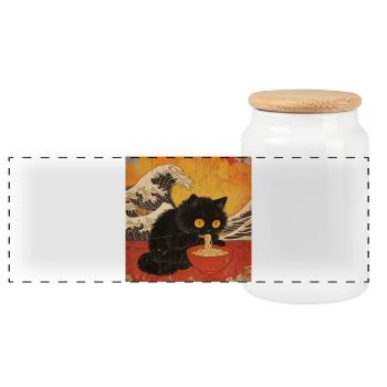 Japan Cat Ramen Noodles Retro Wave Pattern - Panoramic Cookie Jar with Wooden Lid - white - Front