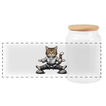 Karate-Aikido-Katze im Kimono - Panorama Keksdose mit Holzdeckel - Weiß - Vorne