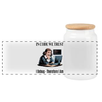 Descartes at the Keyboard - for white background - Panoramic Cookie Jar with Wooden Lid - white - Front