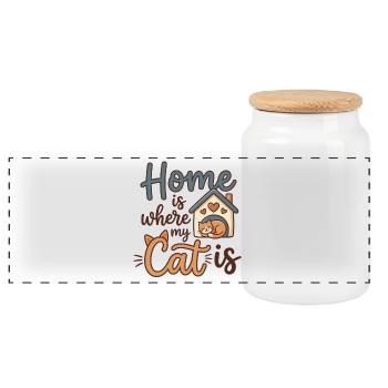 Chez moi, c’est là où est mon chat – motif de chat mignon - Boîte à biscuits avec couvercle en bois - blanc - Devant