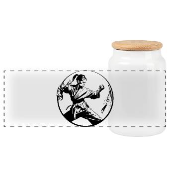 Karate Woman Silhouette - Panoramic Cookie Jar with Wooden Lid - white - Front