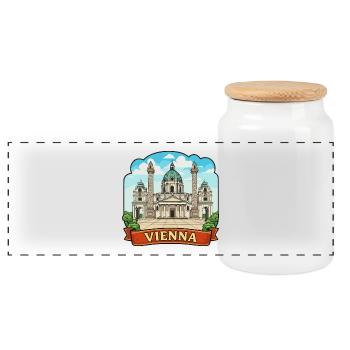 Vienna Austria Karlskirche Retro Ribbon Emblem - Panoramic Cookie Jar with Wooden Lid - white - Front