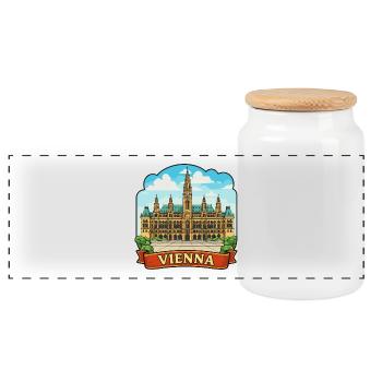 Vienna Austria Rathaus Vintage Ribbon Travel Badge - Panoramic Cookie Jar with Wooden Lid - white - Front