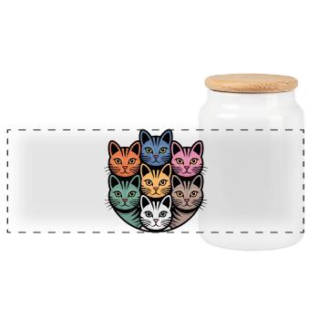 Multi-coloured cat round colourful cats - Panoramic Cookie Jar with Wooden Lid - white - Front