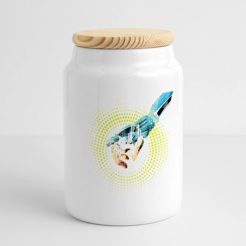 computer hand robot AI digital cyborg code pc Panoramic Cookie Jar with Wooden Lid