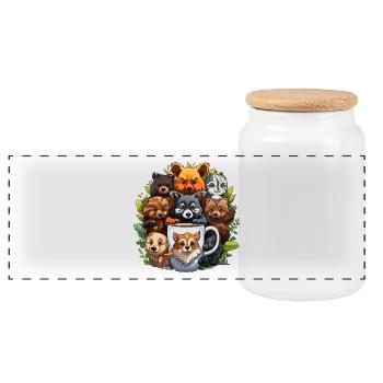 Kuschelnde Hundebande um Kaffeebecher - Panorama Keksdose mit Holzdeckel - Weiß - Vorne