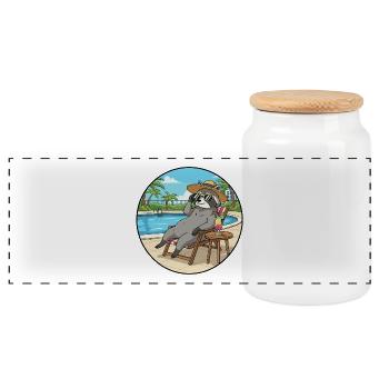 Sommer-Waschbär-Tier entspannt sich am Pool - Panorama Keksdose mit Holzdeckel - Weiß - Vorne