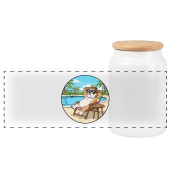 Summer Bulldog Dog Relaxing By Pool Art - Panoramic Cookie Jar with Wooden Lid - white - Front