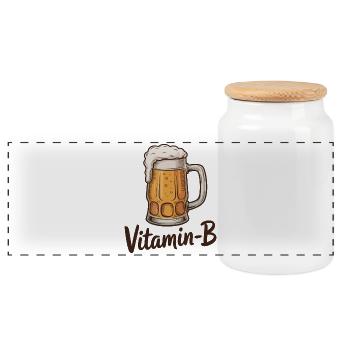 Vitamin-B Funny Beer Mug Alcohol Pun Design - Panoramic Cookie Jar with Wooden Lid - white - Front