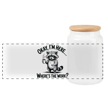 Funny Raccoon Coffee Office Humor - Panoramic Cookie Jar with Wooden Lid - white - Front