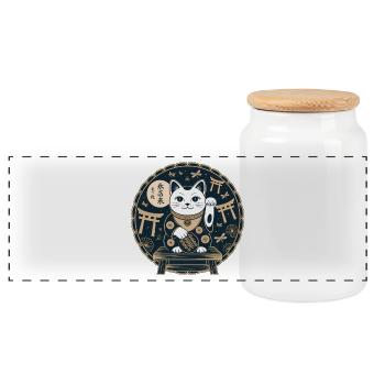 Lucky Cat Ukiyoe Gold on Navy - Panoramic Cookie Jar with Wooden Lid - white - Front