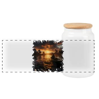 Coucher de soleil sur le lac avec pêcheurs en bateau - Boîte à biscuits avec couvercle en bois - blanc - Devant