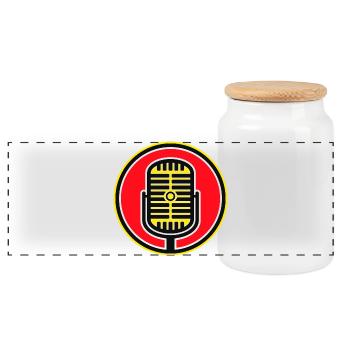 Retro Microphone Badge - Panoramic Cookie Jar with Wooden Lid - white - Front