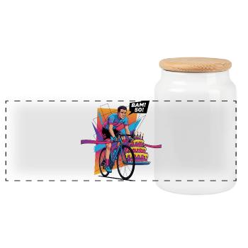 BAM! 50th Birthday Cyclist Pop Art - Panoramic Cookie Jar with Wooden Lid - white - Front