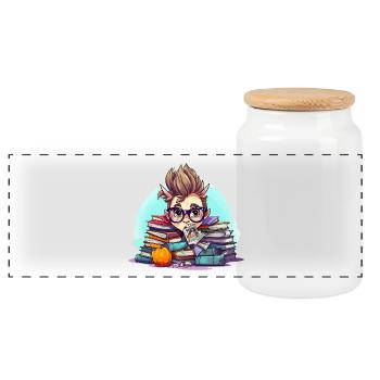 Büchernerd im Bücherstapel - Panorama Keksdose mit Holzdeckel - Weiß - Vorne