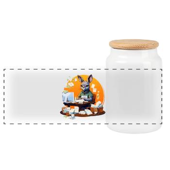 Office bunny in paper chaos - Panoramic Cookie Jar with Wooden Lid - white - Front