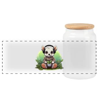 Headphone panda planting - Panoramic Cookie Jar with Wooden Lid - white - Front