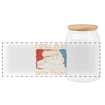 Steam Locomotive Railroad Train Conductor - Panoramic Cookie Jar with Wooden Lid - white - Front