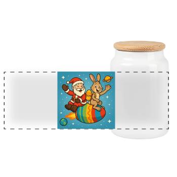 Christmas Easter Bunny in Star Flight - Panoramic Cookie Jar with Wooden Lid - white - Front