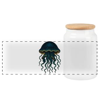 Deep Sea Jellyfish Neon Blue Art - Panoramic Cookie Jar with Wooden Lid - white - Front