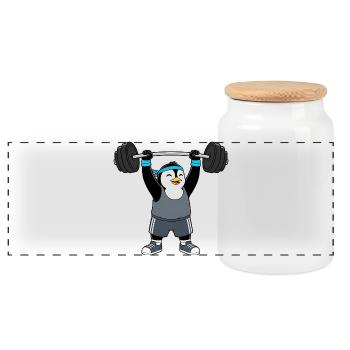 Penguin Fitness Training Dumbbell Workout - Panoramic Cookie Jar with Wooden Lid - white - Front