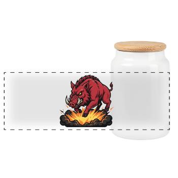 Red Boar Fire Blast Mascot Boar - Panoramic Cookie Jar with Wooden Lid - white - Front