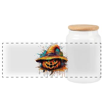 Golden Pumpkin Halloween Splash - Panoramic Cookie Jar with Wooden Lid - white - Front