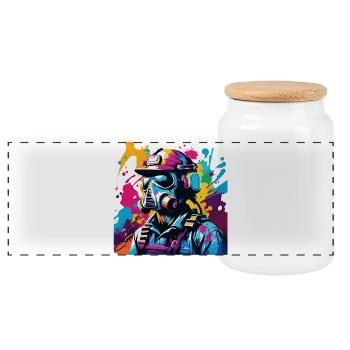 Vivid Gasmask Warrior - Panoramic Cookie Jar with Wooden Lid - white - Front