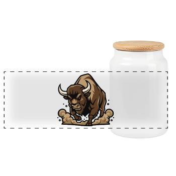 Wild Bison Charge Maskottchen Buffalo - Panorama Keksdose mit Holzdeckel - Weiß - Vorne