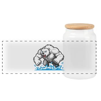 Polar Bear Muscular Maskottchen Polar Bear Gym - Panorama Keksdose mit Holzdeckel - Weiß - Vorne