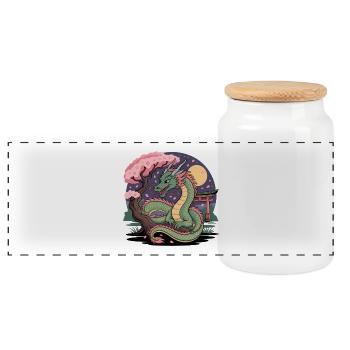 Dragon Sakura under the moon - Panoramic Cookie Jar with Wooden Lid - white - Front