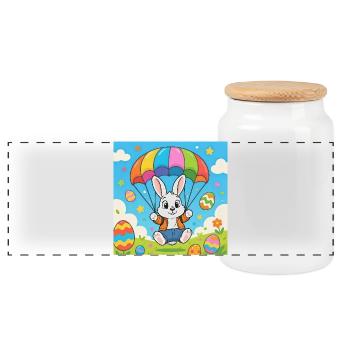 Osterhase mit Fallschirm - Panorama Keksdose mit Holzdeckel - Weiß - Vorne