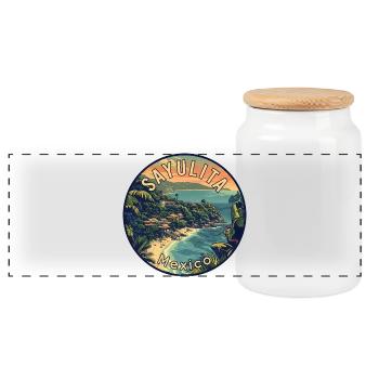 Experience Sayulita Mexico - Travel Art - Panoramic Cookie Jar with Wooden Lid - white - Front