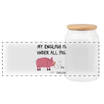 Pig English Cartoon Schwein - Panorama Keksdose mit Holzdeckel - Weiß - Vorne