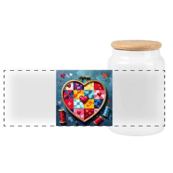 Patchwork Heart Quilt Art - Panoramic Cookie Jar with Wooden Lid - white - Front