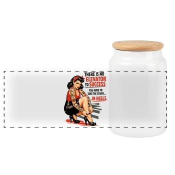 Pin-Up Retro Print: Success in Heels & Tattoos - Panoramic Cookie Jar with Wooden Lid - white - Front