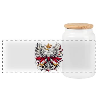 Polish Eagle: White and Red with Crown & Flag - Panoramic Cookie Jar with Wooden Lid - white - Front