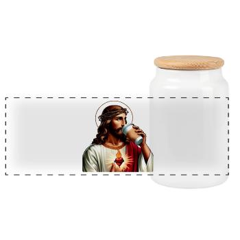 Sacred Heart Modern Coffee - Panoramic Cookie Jar with Wooden Lid - white - Front