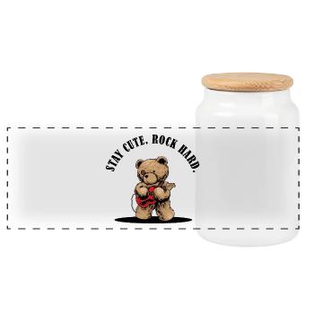 Stay Cute Rock Hard – Teddy mit E-Gitarre - Panorama Keksdose mit Holzdeckel - Weiß - Vorne