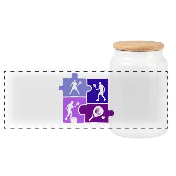 Padel Tennis Puzzle Sportler Outfit - Panorama Keksdose mit Holzdeckel - Weiß - Vorne