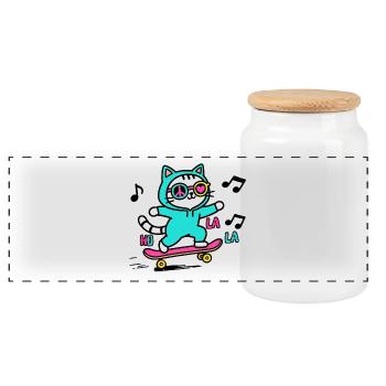 Neon skater cat on skateboard - Panoramic Cookie Jar with Wooden Lid - white - Front