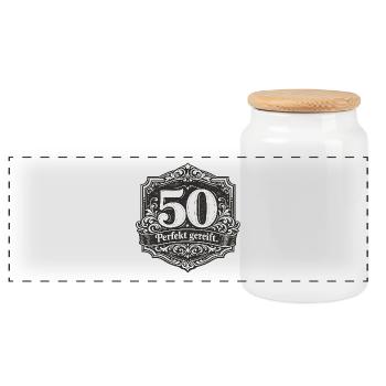 50 Perfekt Gereift Vintage Abzeichen - Panorama Keksdose mit Holzdeckel - Weiß - Vorne