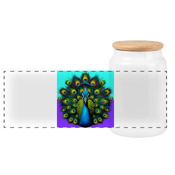 peacock - Panoramic Cookie Jar with Wooden Lid - white - Front